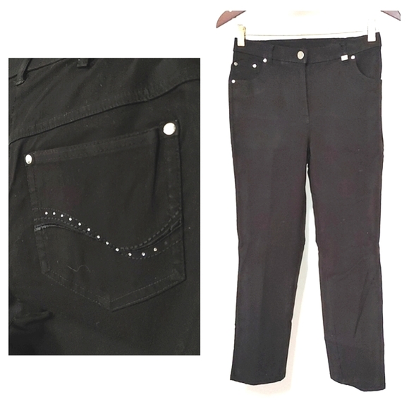 Tan Jay Petite | Black straight leg jean/dress pant with pocket rhinestones - Picture 1 of 11